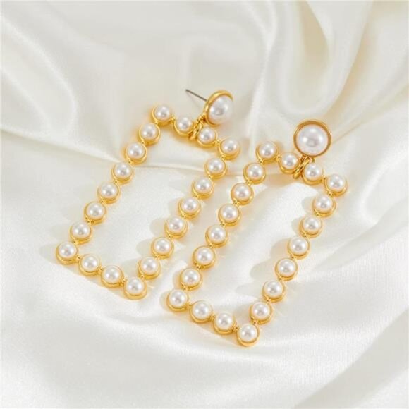 14K Gold Geometric Pearl Earrings | Chunky Modern Drop Earrings - Picture 4 of 6